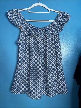 Chaps Blue and White Printed Scoop Neck Top